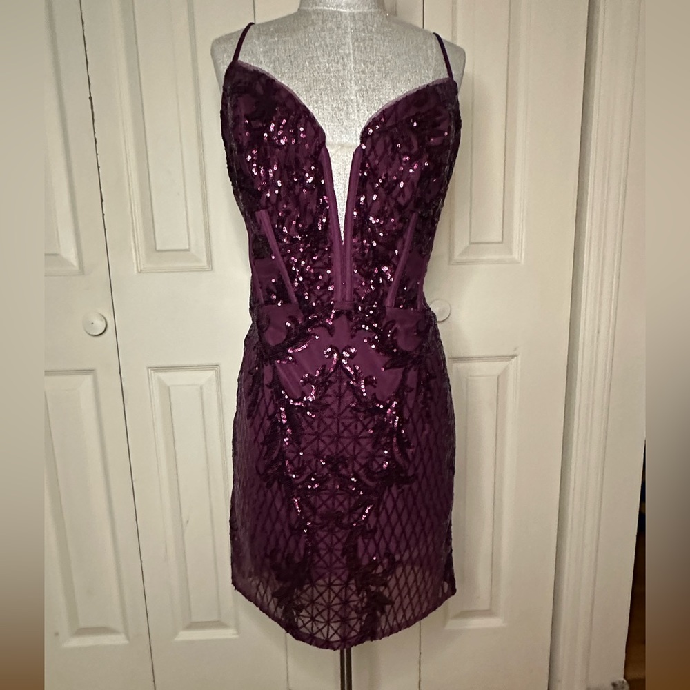 Form Fitting Dark Purple sequined covered dress size 16